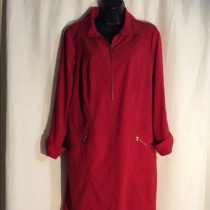 Red zip front casual dress with pockets